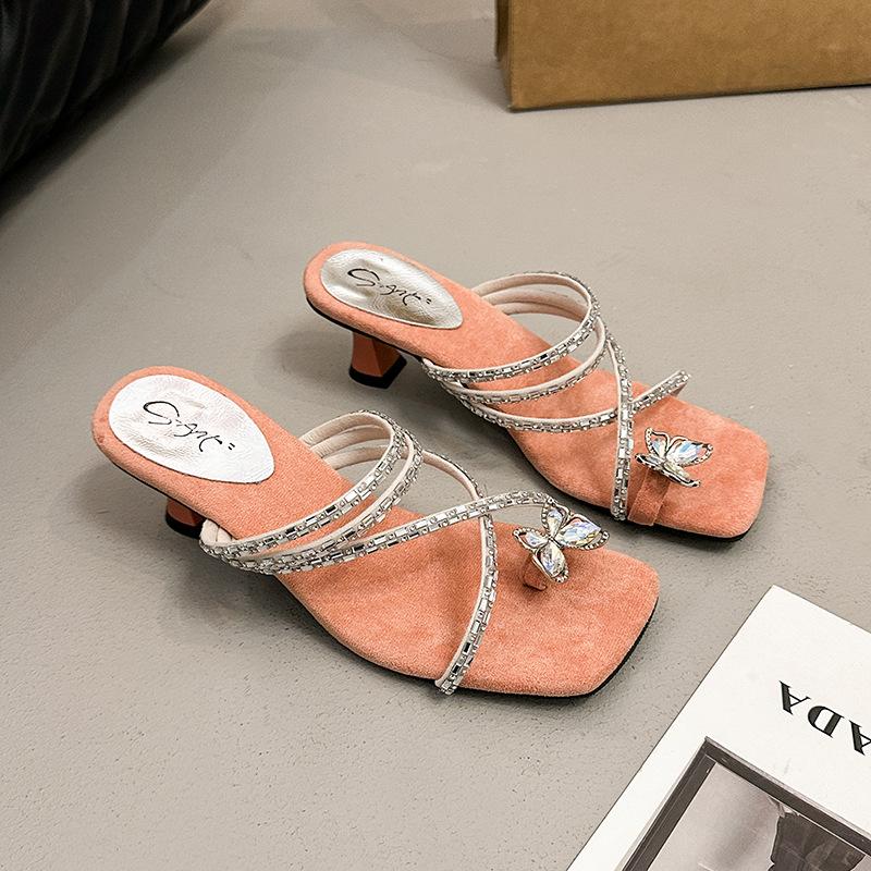 Niche High-heeled Rhinestone Cool Slippers, Thick-heeled Women's Shoes, 2025 New Summer with Skirt Temperament Slippers