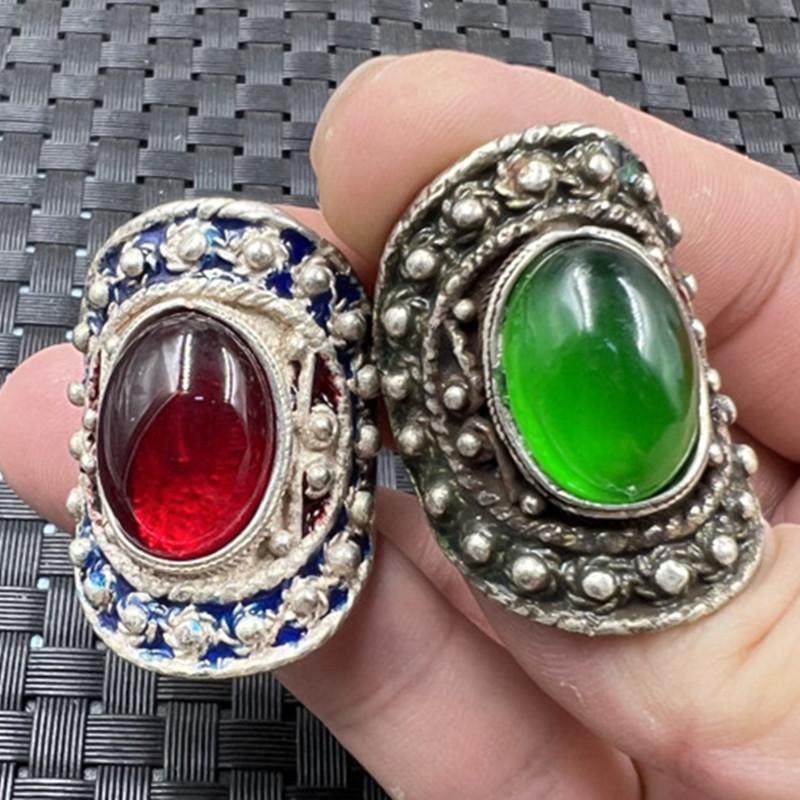 Emerald Green Chalcedony Imitation Bloodstone Silver Inlaid Egg Shape Jewelry Ring Green Adjustable