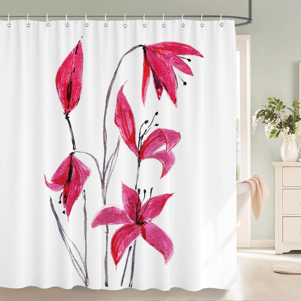 Tulip Flowers Print Shower Curtains Watercolor Boho Floral Waterproof Polyester Bathroom Bathtub Curtain Room Decor With Hooks