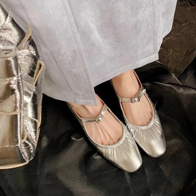 Fashion Pleated Fashion Ballet Flats Women Leather Shoe Women Casual Buckle Strap Silver Flats Gold Square Toe 2024 Spring Women's Shoes