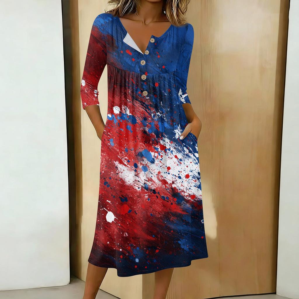 Women's Casual 3/4 Sleeve Button Neck Mid-Length Dress with Abstract Print and Loose Fit for Everyday Wear