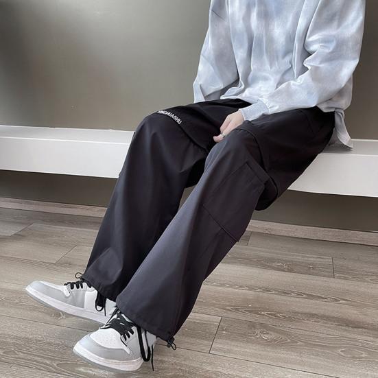 Men Pants Zipper Detachable Solid Color Elastic Waist Drawstring Loose Streetwear American Temperament Straight Wide Leg Cargo Pants Men Clothes
