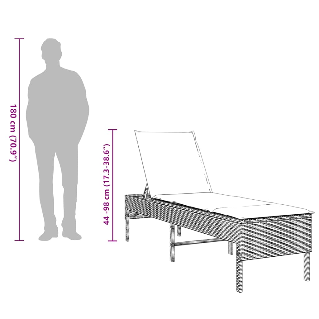 Sun Lounger with Grey Cushion 55 X 200 X 44 Cm Poly Rattan