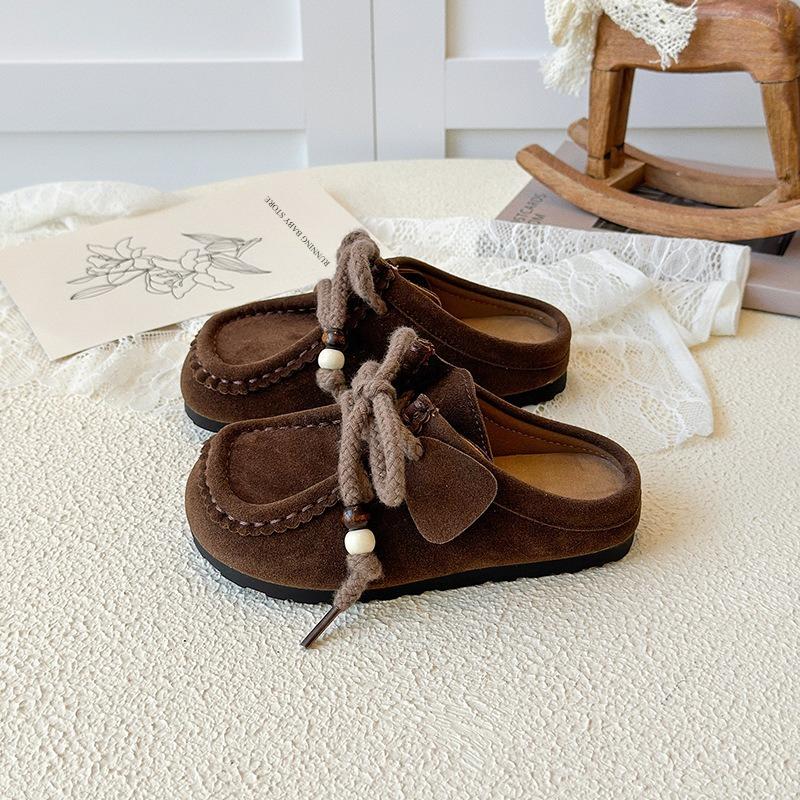 

Girls Suede Clogs with Quaint Beading Square Toes Mules Slippers Comfortable Slip on Princess Slippers Outdoor Footwear I11016 26 коричневый