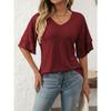 Women's Spring and Summer New Solid Color V-neck Lotus Leaf Sleeve Short-sleeved T-shirt Tops for Women
