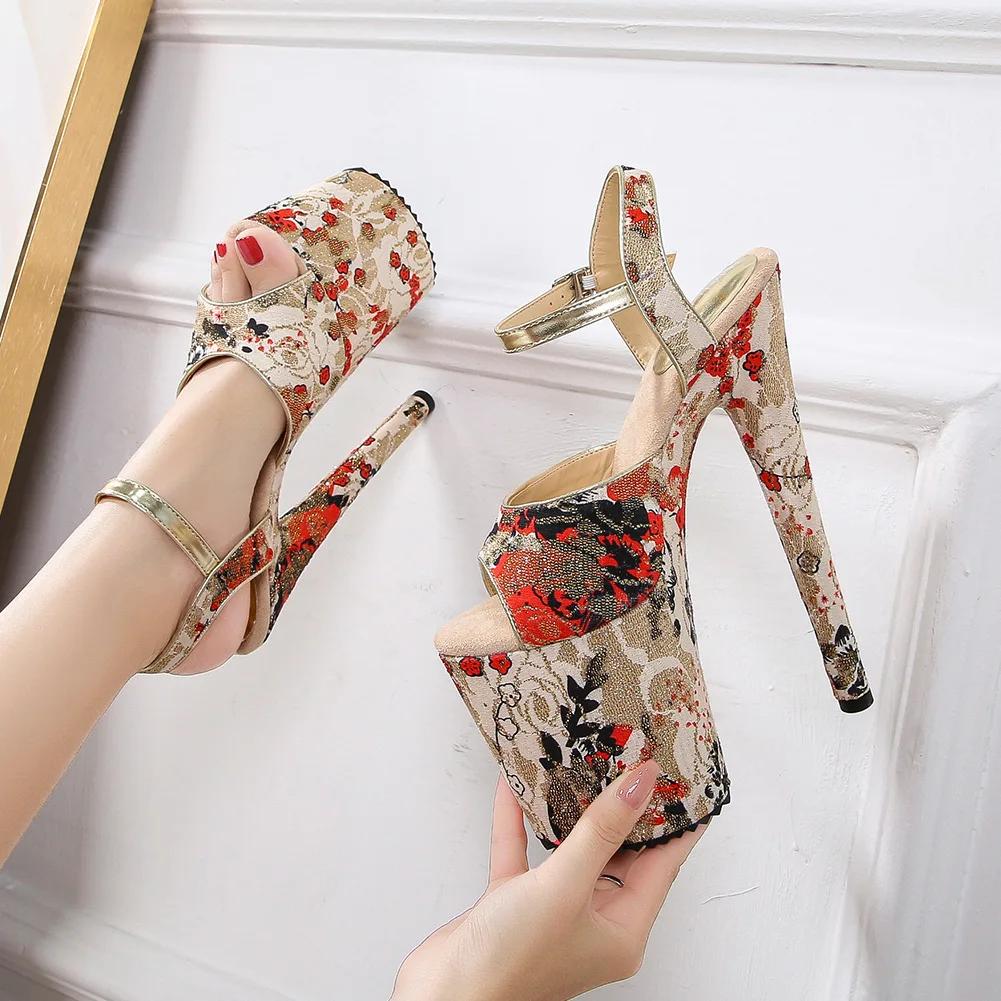 Fashion 20cm High Heel Shoes Women's Thin Heel Sandals Thick Sole Waterproof Platform Nightclub Steel Pole Dance Model Walking Shoes