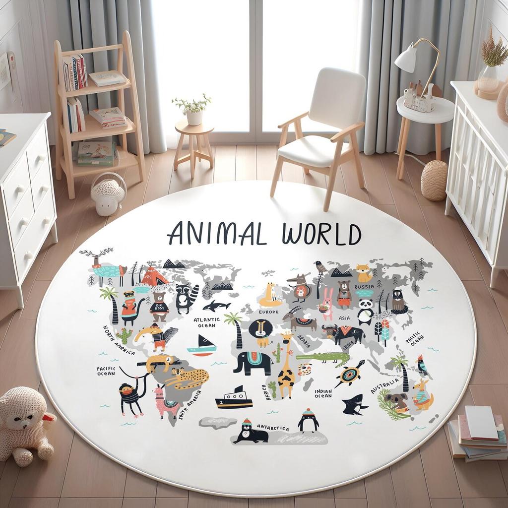 Kid Play Mat Creative Cartoon Animal World Map Round Rug Living Room Kid's Play Rug  Kid Room Bedside Rug Nursery Room Floor Mat