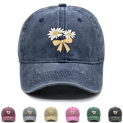 Daisy Bowknot Print Snapback Baseball Hat, Flower Trucker Hat Sun Protective Solid Vintage Casual Adjustable Baseball Cap