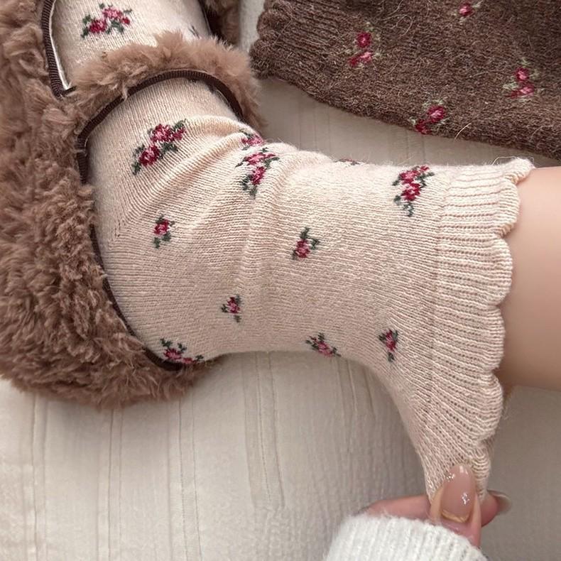 Coffee Floral Vintage Wool Socks - Women's Mid-Calf, Thick Warm for Autumn/Winter, Dark Gray Slouch for Snow Boots