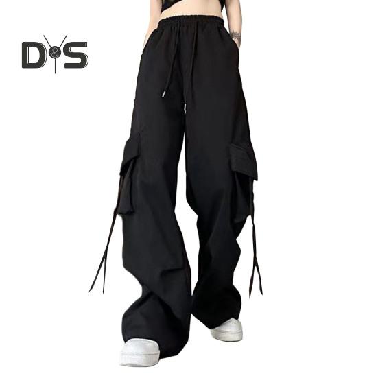 

Брюки-карго в стиле хип-хоп, женские повседневные брюки с большими карманами, свободные широкие брюки с высокой талией, однотонные брюки, уличная одежда 2XL чёрный