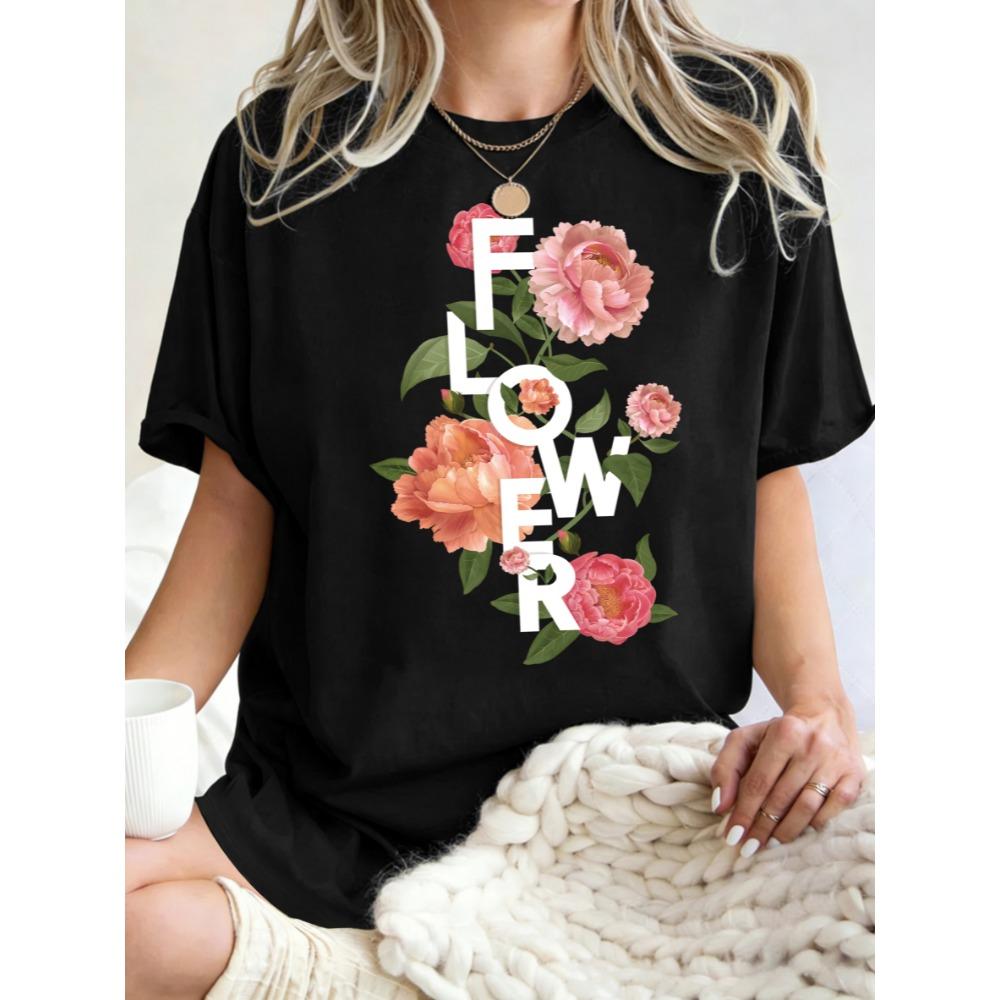 Schöne Rosenblumen Aufdruck Damen T-Shirt Lässig Oversized T-Shirt Y2K Baumwolle Atmungsaktive Oberteile Sommer Rundhals