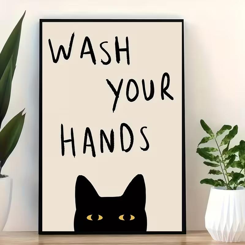 Stampe Poster su Tela "Gatto Divertente Vintage" "Lava le Mani", Pittura Decorativa Murale Stile Moderno, Adatto per Bagno,