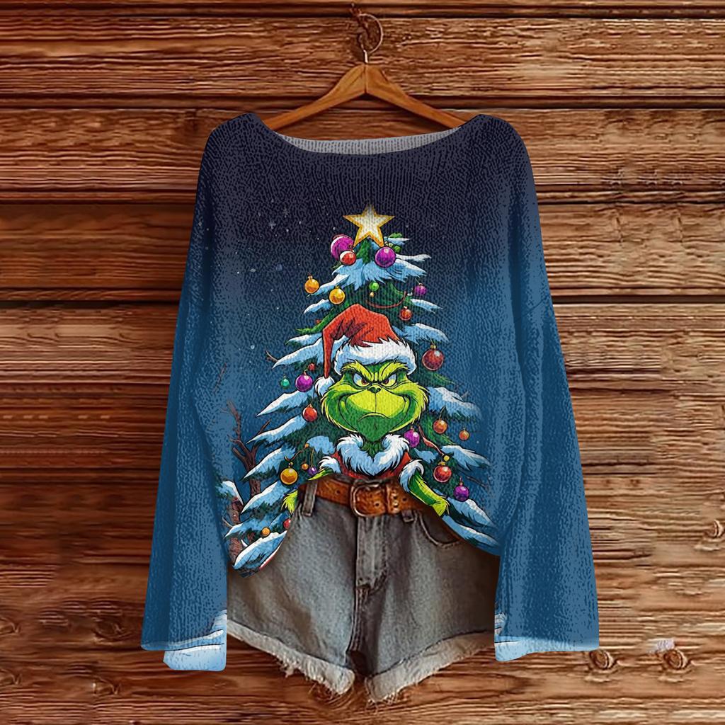 Women's Fashion Round Neck Long Sleeve Christmas Print Casual Knit Pullover Top