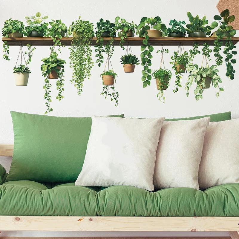 Hanging Green Potted Plants Wall Decal Realistic Look Removable Design For Bedroom Living Room Office Home Decor