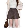 PU Leather High-Waisted Matte Shorts for Women - 2024 Autumn/Winter, Wrinkle-Resistant, Thickened, Wide-Leg, A-Line Design.