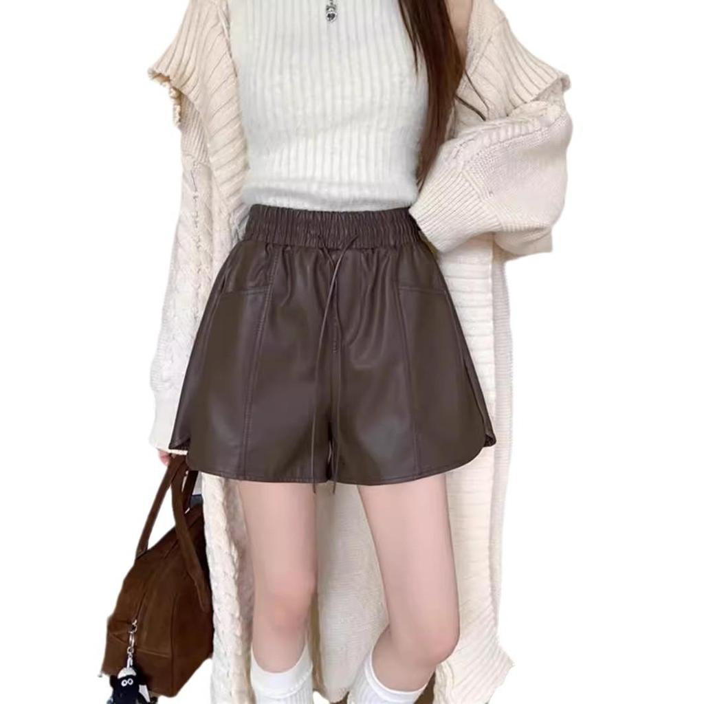 PU Leather High-Waisted Matte Shorts for Women - 2024 Autumn/Winter, Wrinkle-Resistant, Thickened, Wide-Leg, A-Line Design.