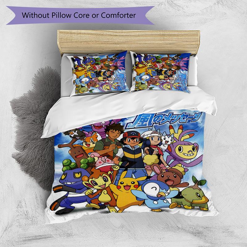 Pokémon Pattern Printed 3PCS Bedding Set, Soft Skin-Friendly Washable Duvet Cover & Pillowcases Set