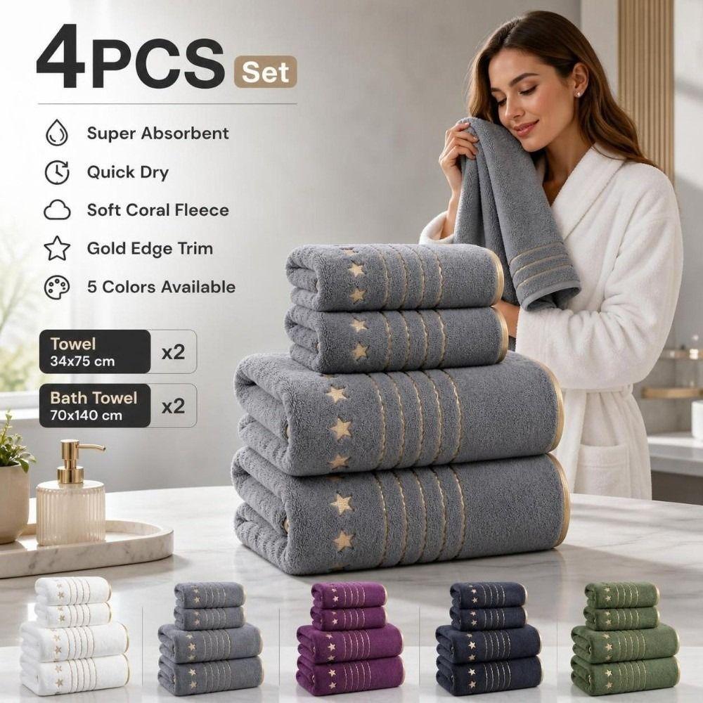 4pcs Absorbent Star Embroidered Towel Set Quick Dry Bath Linen Set Super Hand Towel Set Travel