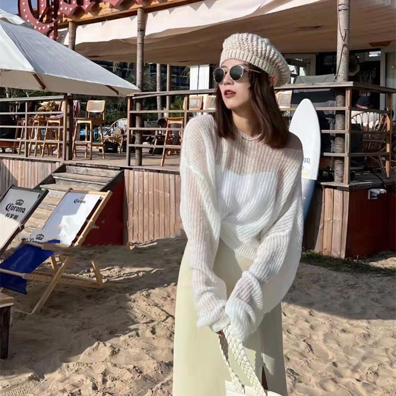 Women's Knitted Sweaters Thin See Through Casual Oversized Long Sleeve Sweater Lady Sexy Hollow Out Mesh Pullover Beach T-shirts