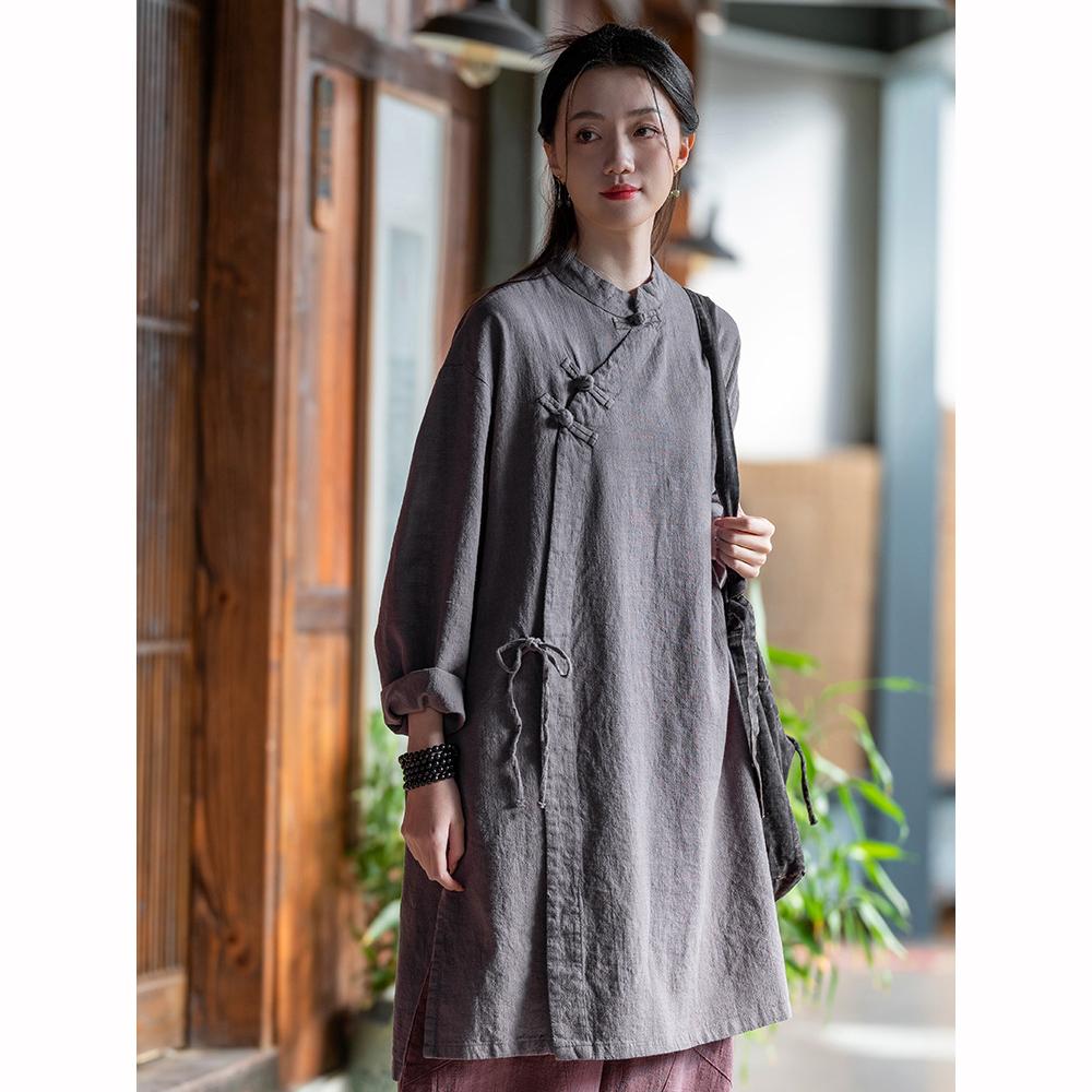 Spring Summer Cotton Linen Women's Clothing Washing Plate Buckle, Side Placket Tied  Retro Chinese Style Children's Style Zen Tea Costume