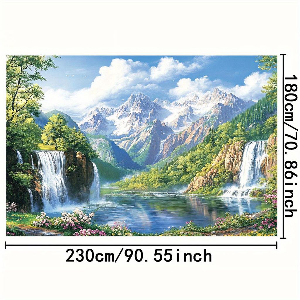 1 2D Flat Natural Landscape Polyester Background Fabric - Waterfall Mountain Views and Snow-capped Peaks, Perfect for Parties