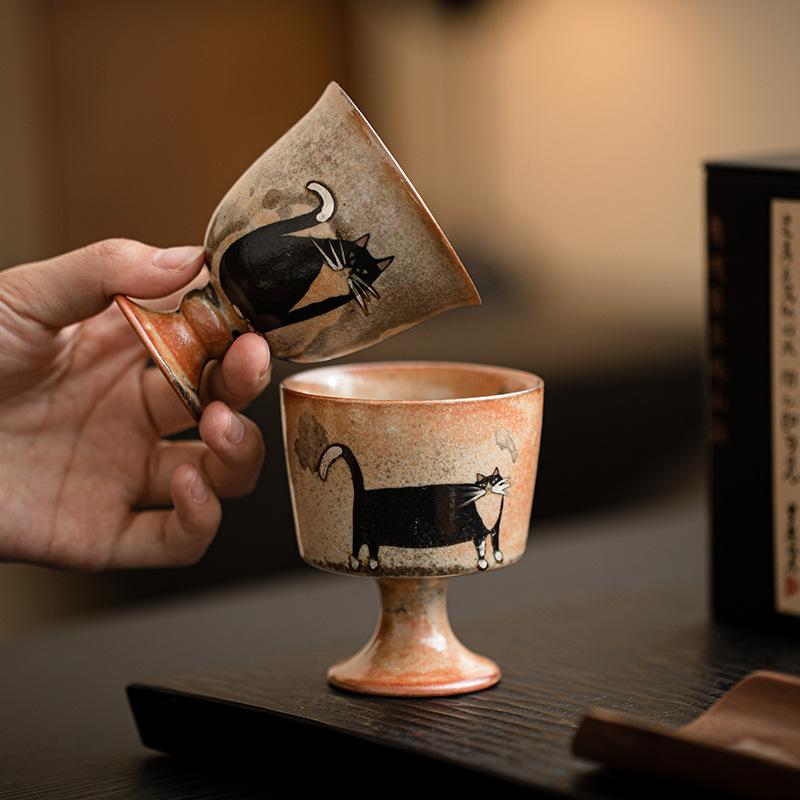 Ru Kiln Zhiye Cat Tea Cup Ceramic Retro Porcelain Teacups Master Cup High Foot Tasting Mug Chinese Kung Fu Japanese Tea Teaware