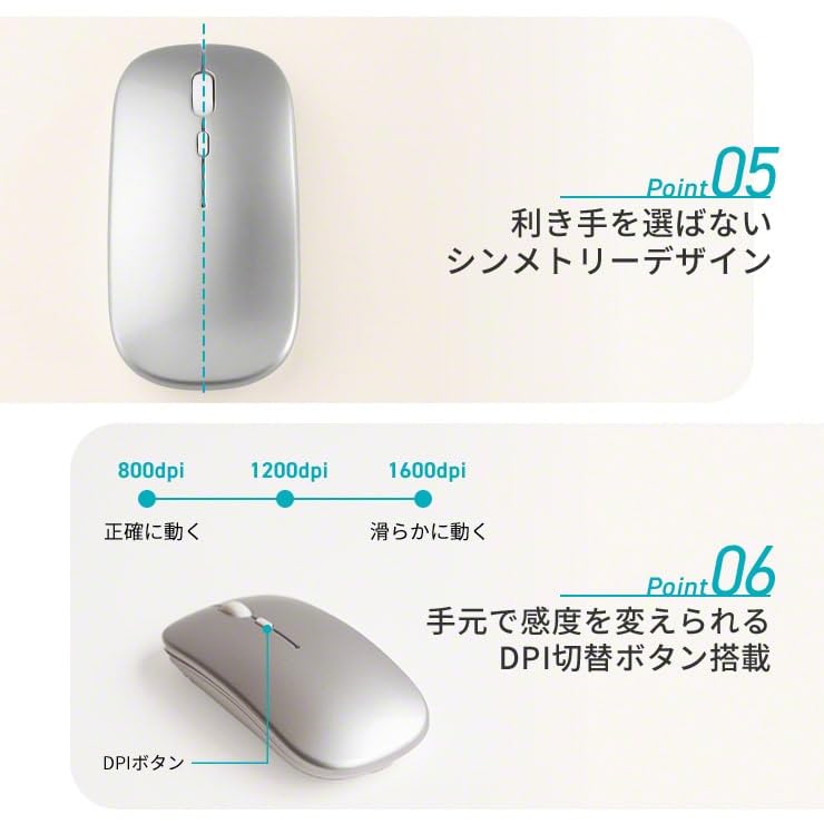 3R Wireless Mouse, Rechargeable, Quiet, Lightweight, Thin, DPI Switchable, Compact, for Desks and Computers (Silver)