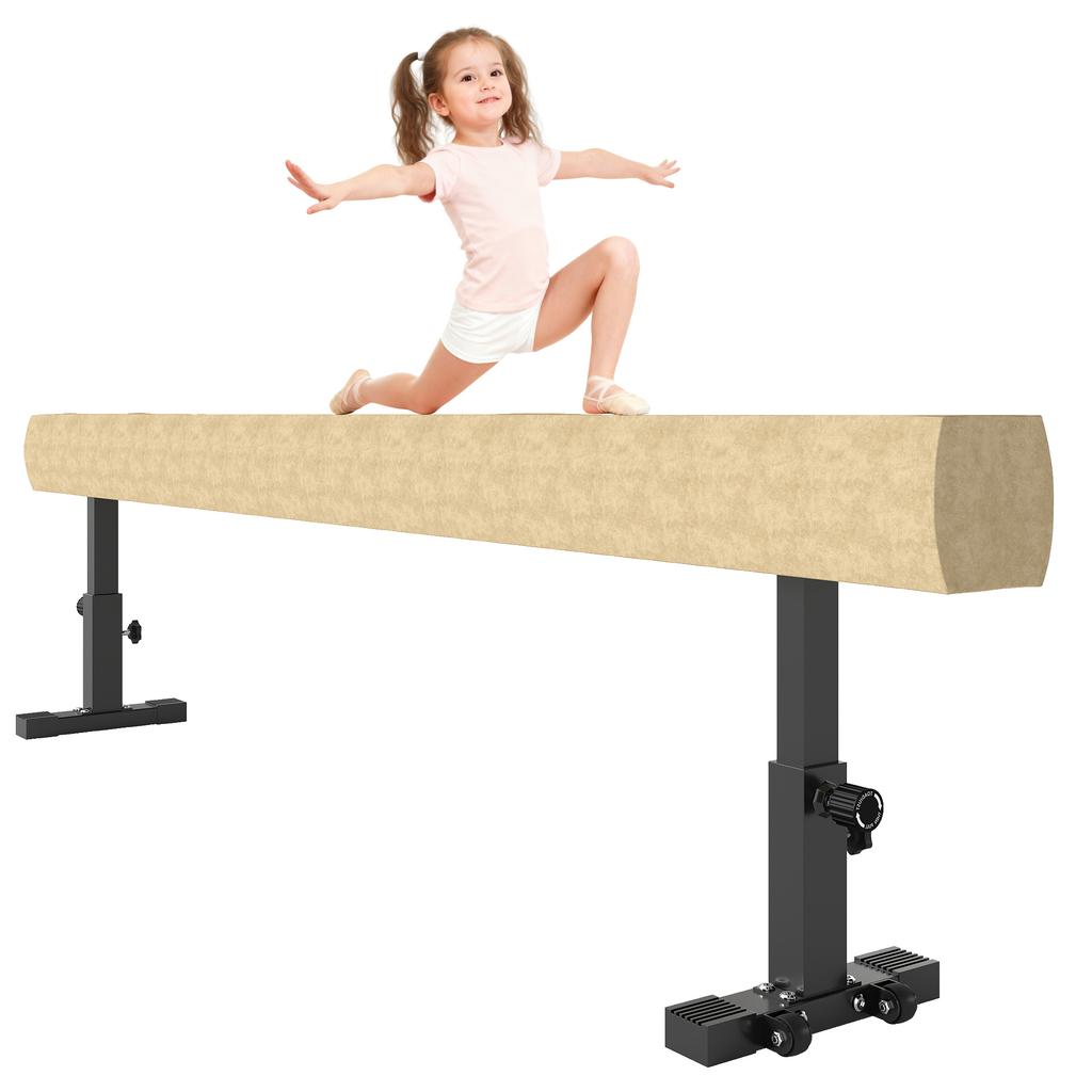 Gymnastics Beam, 226 cm, Non-Slip, Adjustable Height, with Wheels, Steel and Solid Wood, Brown