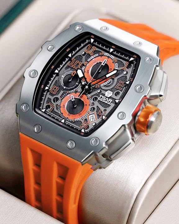 TSAR BOMBA Watch Skeleton Mechanical Automatic Watch Ceramic Japan Movement Tonneau Silicone Strap 50M Waterproof Luminous Luxury Wristwatch Business