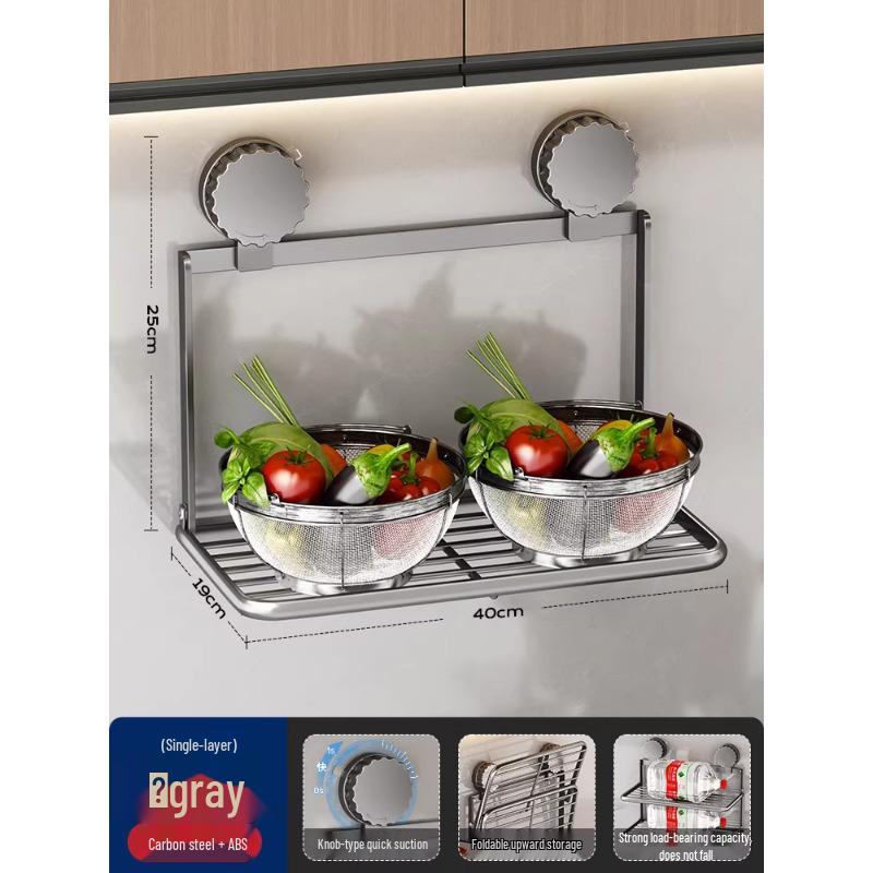 No-Drill Suction Cup Kitchen Storage Rack: Double-Layer, Foldable, Wall-Mounted for Food Prep