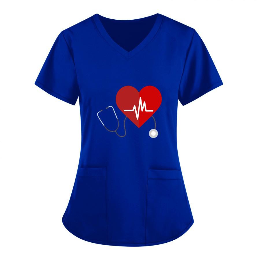 European and American Nurse Caregiver V-Neck Print Shirt with Large Pocket, Short Sleeve T-shirt for Women