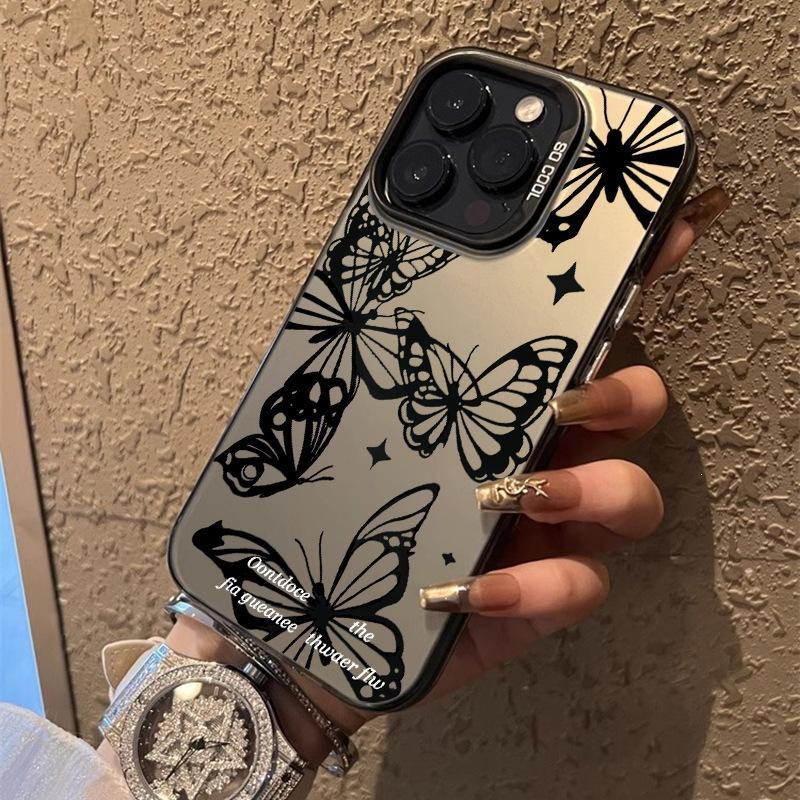 Black butterfly is suitable for Apple 16promax mobile phone case iPhone15 color silver 13 anti-drop 14 high-quality laser.