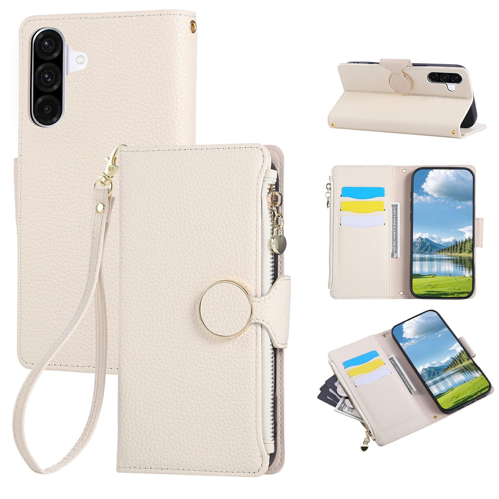 

For Samsung Galaxy S25/S24 Case Zipper Wallet Leather Phone Cover with Wrist Strap Beige