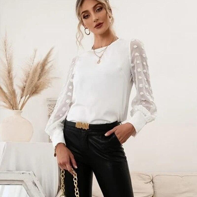 Elegant Mesh See Through Long Sleeve Shirts Women Casual White Chiffon Blouse O Neck Tops Ladies Womens Clothes Blusas 24755
