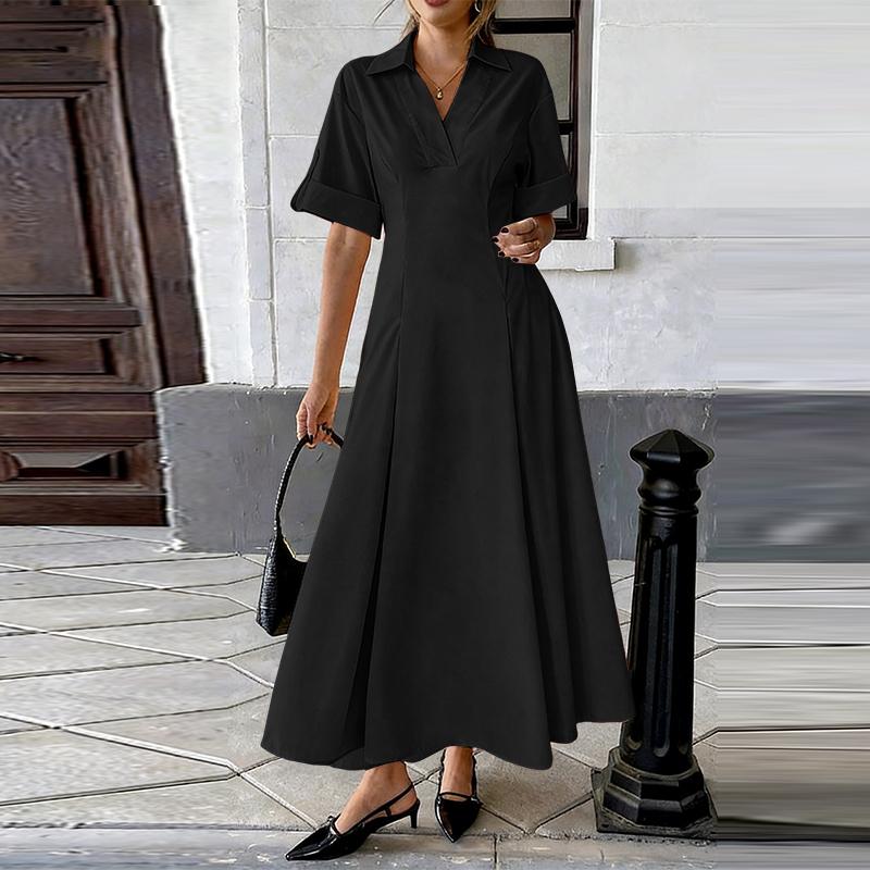 

ZANZEA Жіноча повсякденна літня сукня максі з коротким рукавом та відкладним коміром L чорний