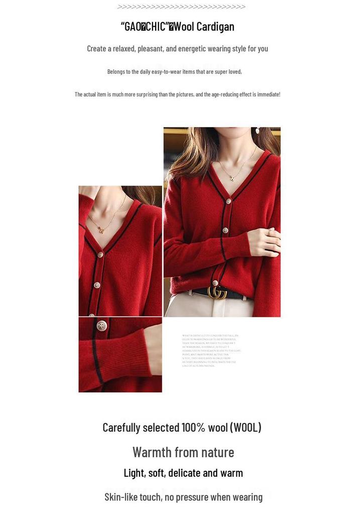 Versatile 100% Cashmere Color Block Cardigan V-Neck Women's Wool Sweater