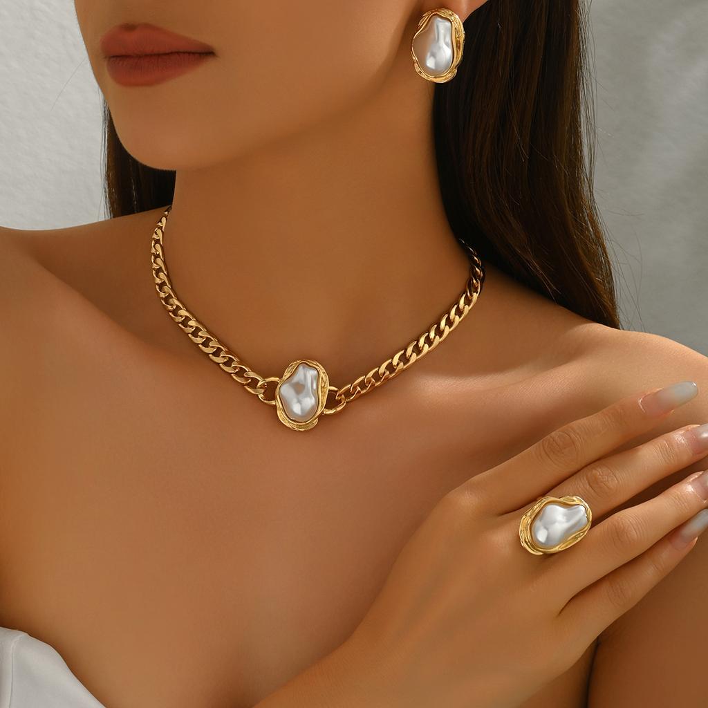 Ladies Necklace Set, Geometric Inlaid Special-Shaped Pearl Design Bracelet Versatile Earrings Jewelry Women