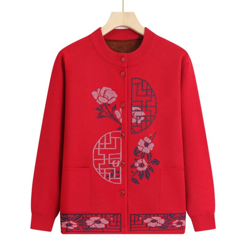 Middle-aged and elderly autumn and winter cardigan top, female grandma fleece thickened warm jacket, festive knitted sweater mother outfit