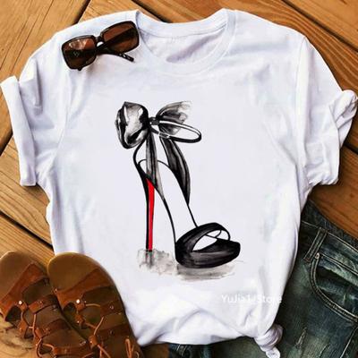 Verão Plus Manga Curta Salto Alto Estampado Algodão Puro Solto Gola Redonda Sapatos de Manga Curta Camisetas Femininas