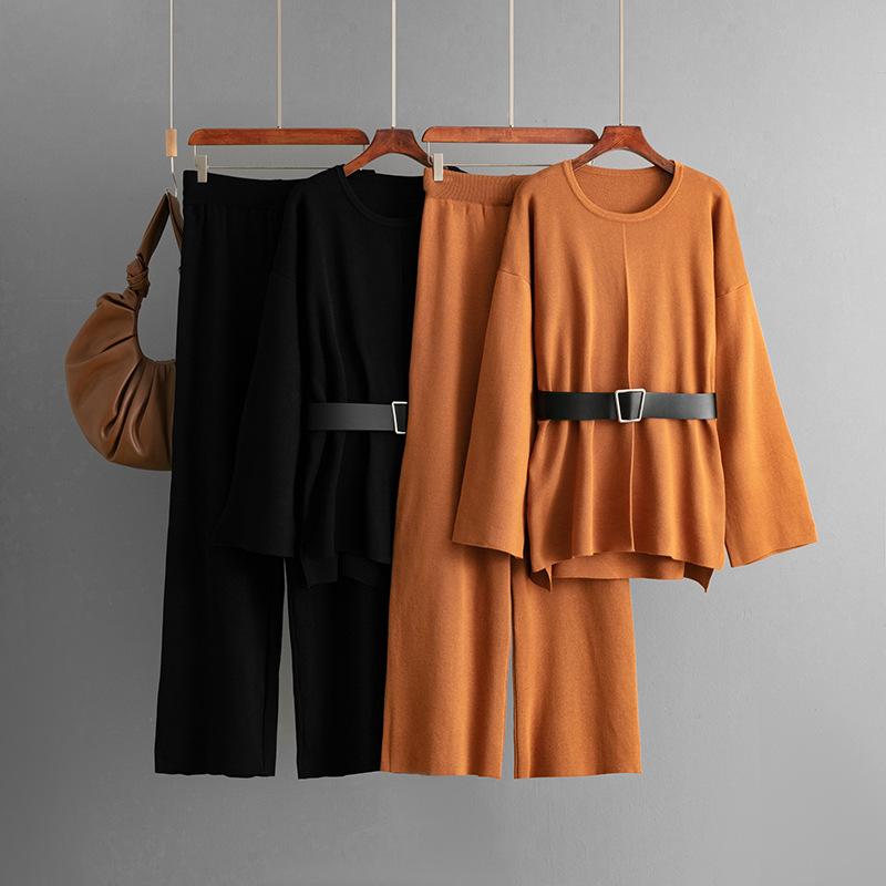 A New Autumn and Winter Fashion Set for Women, Featuring A Knitted Belt Top, Loose High-waisted Wide-leg Pants and Two Pieces