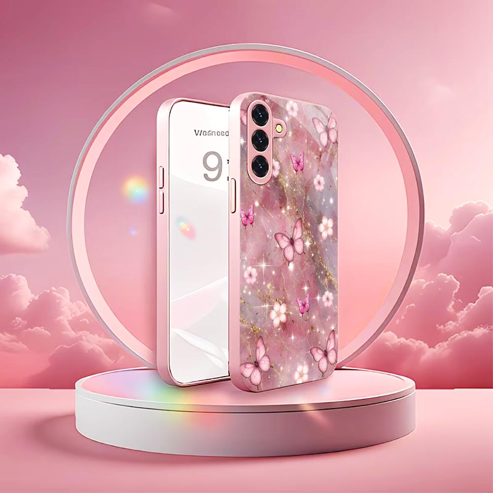 Butterfly Flower Sea Madam Pink Glass PhoneCase for Samsung Galaxy S26 S25 S24 S23 S22 S21 FE Ultra Plus Dropresistant Female