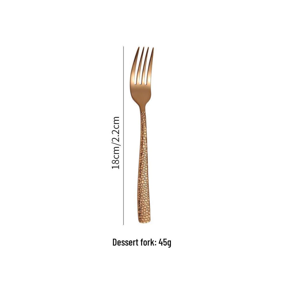 Gold-Plated Hammer Pattern Cutlery Set - 5-Piece Square Handle Stainless Steel Knife, Fork & Spoon Set
