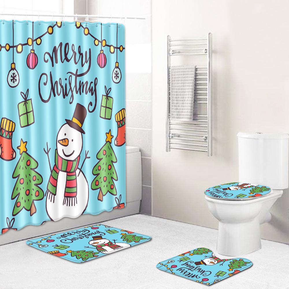 Christmas Toilet Seat Shower Curtain Four-Piece Printed Floor Mat Set Bathroom Floor Mat Bedroom Absorbent Door Mat Carpet