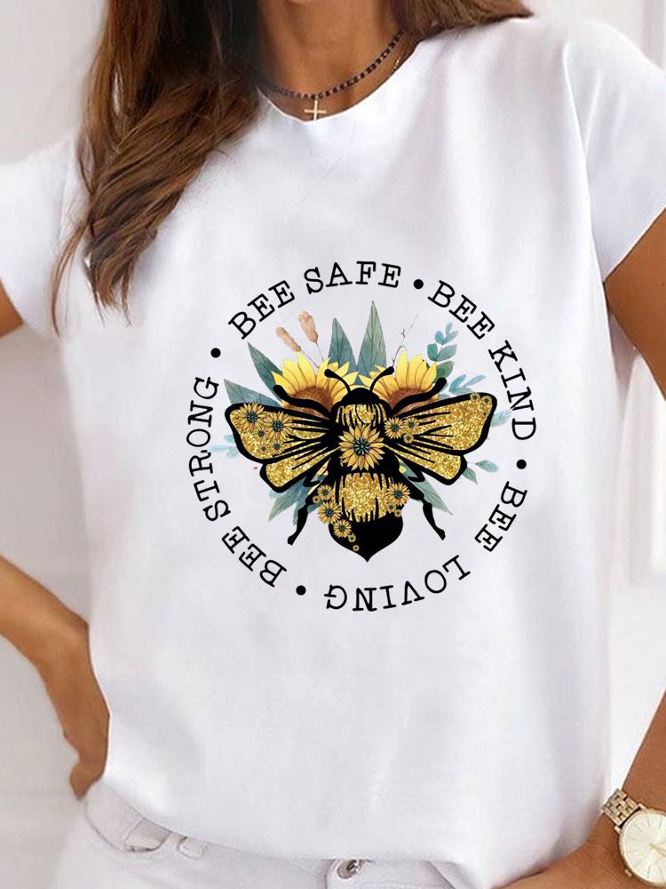 Women Clothes Bee Love Style Letter Clothing Print T Shirt Short Sleeve Summer Top Tee Basic Fashion Graphic T-shirt