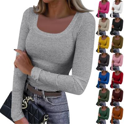 Women's  And Winter Slim Bottom T-shirt Fashion Casual Solid Color Square Neck Pullover Long Sleeve Top