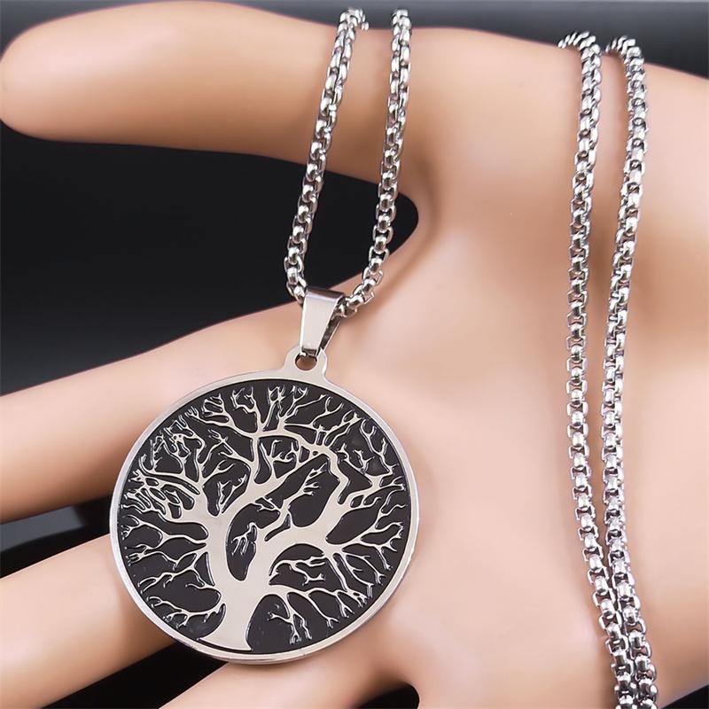 Yoga Tree of Life Pendant Necklaces for Women/Men Stainless Steel Silver Color Retro Chain Necklace Jewelry Collier N7917S02