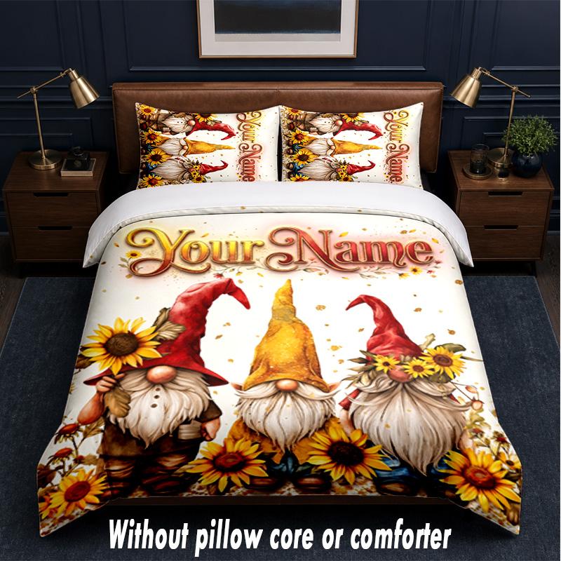 Gnome Theme Custom Text Or Name 3Pcs Bedding Set,1 Flat Sheet & 2 Pillowcases Personalized Home Bedding