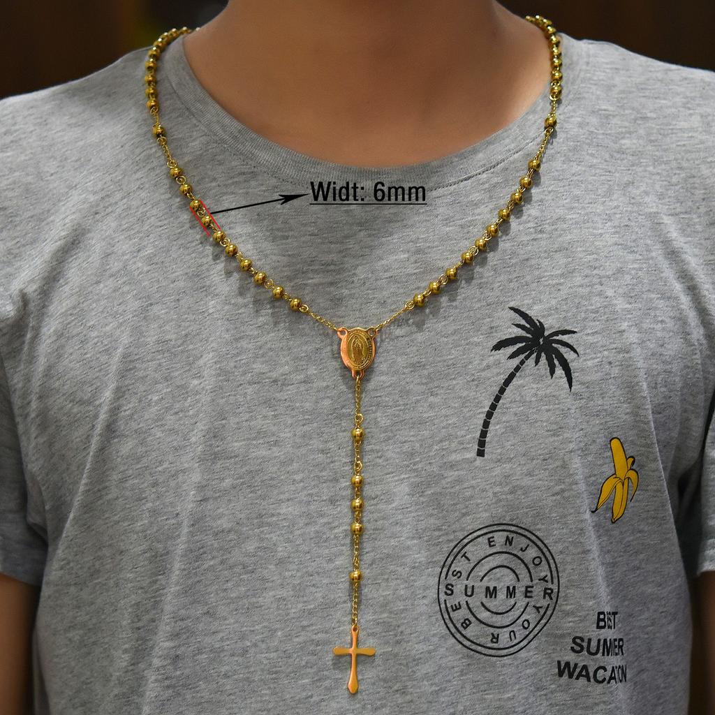 Edelstahl Rosenkranz Halskette für Männer Frauen Religiös Kugelkette Christliches Münz Kreuz Anhänger Jesus Schmuck Zubehör