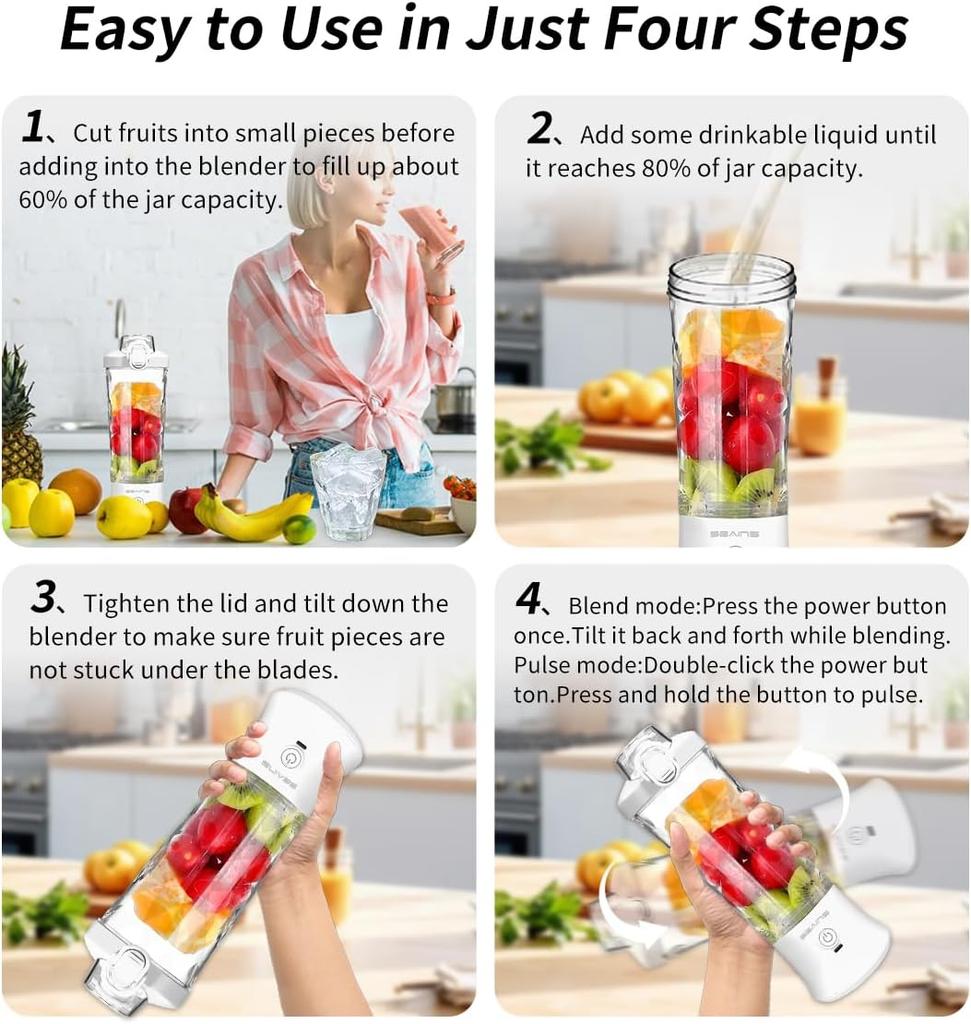 Portable Blender Fruit Juicer with 20 Oz Travel Cup 6 Blades USB Rechargeable for Shakes Smoothies Gym, Kitchen and Outdoors