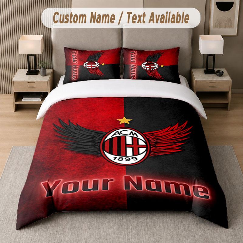 Set Biancheria da Letto Personalizzato Motivo AC Milan, Stampa Nome Testo 1 Copripiumino più 2 Federe Tessile per la Casa